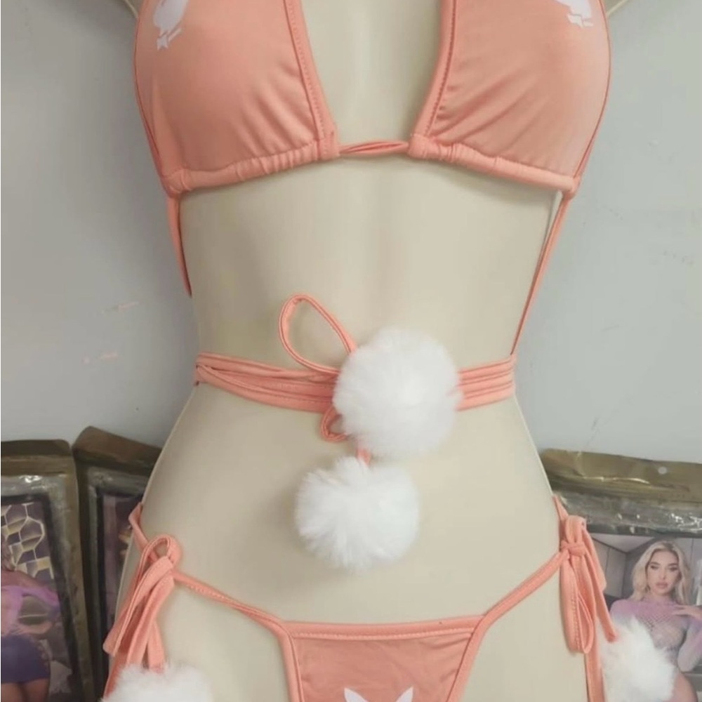 Monagram Peach and White Bra Set with fluffy balls